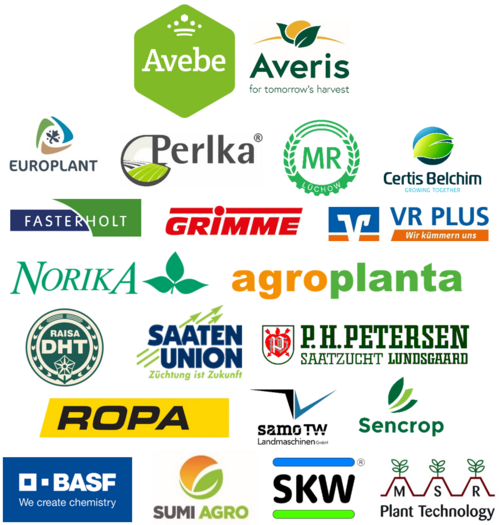 Logos von Avebe, Averis, EUroplant, Perlka, MR Lüchow, Certis Belchim, Fasterholt, Grimme, VR Plus, Norika, agroplanta, Raisa DHT, Saatenunion, P.H. Petersen, ropa, samo tw, sencrop, basf, sumi agro, skw und msr plant technology.